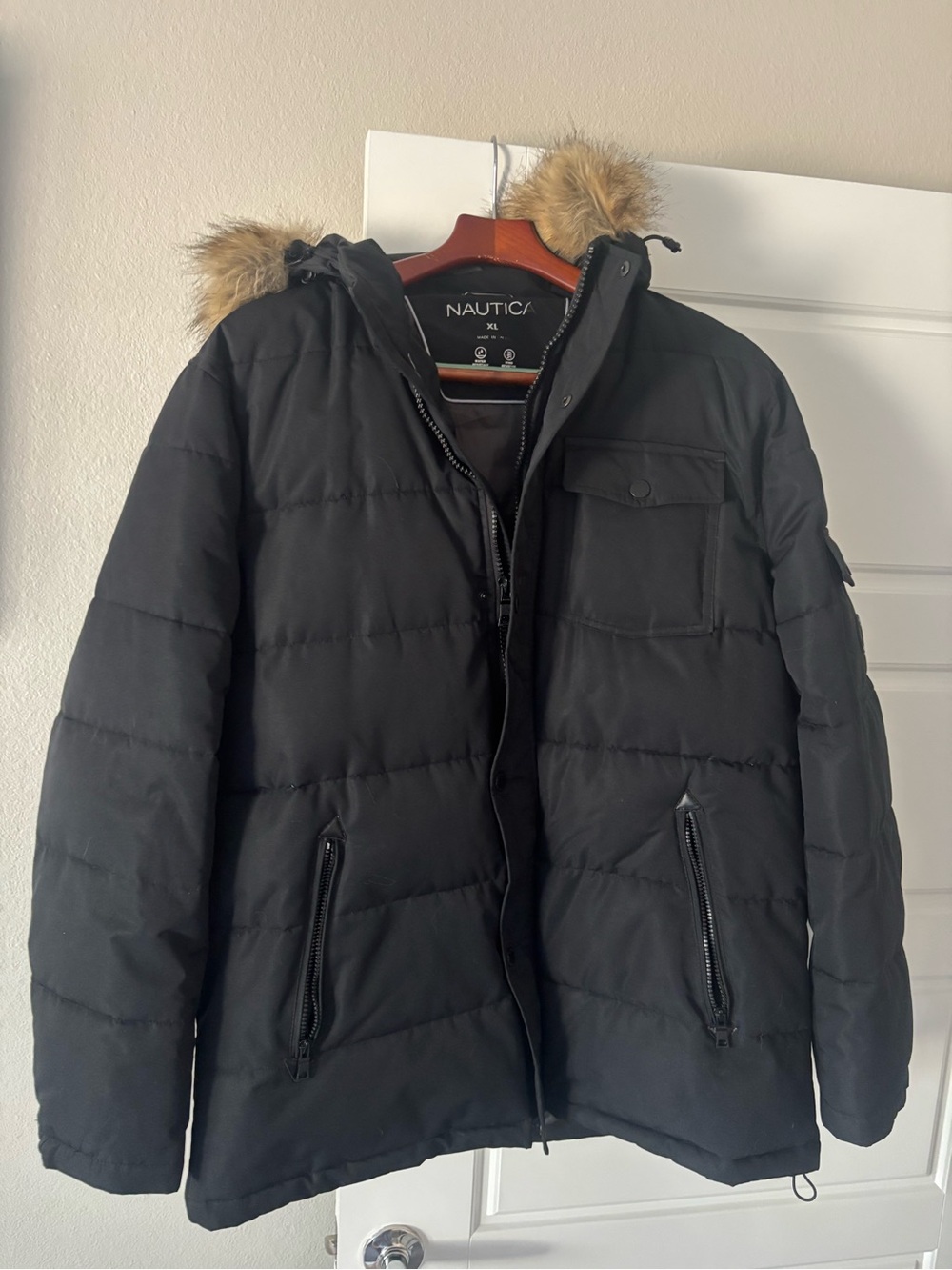 Nautica Men's XL Black Puffer Parka with Faux Fur Hood